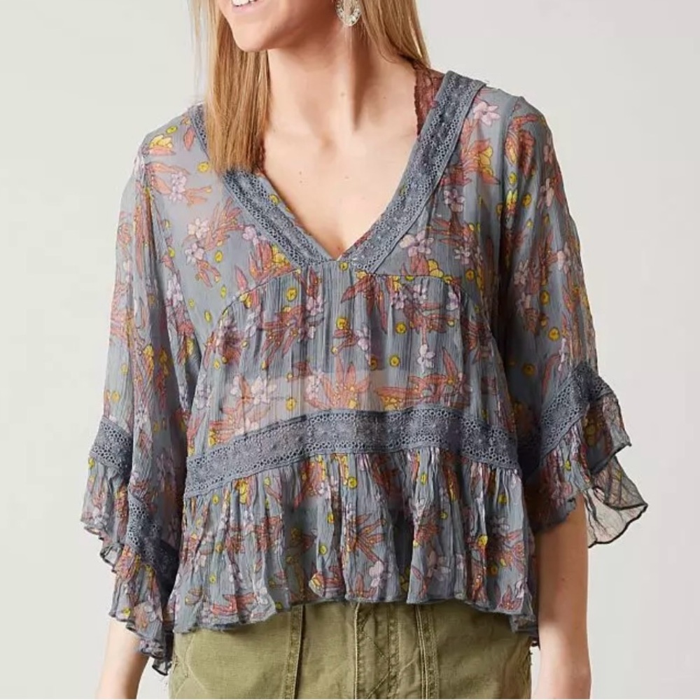 Free People Boho Floral Ruffle Sheer Blouse Size L Blue Lace Trim